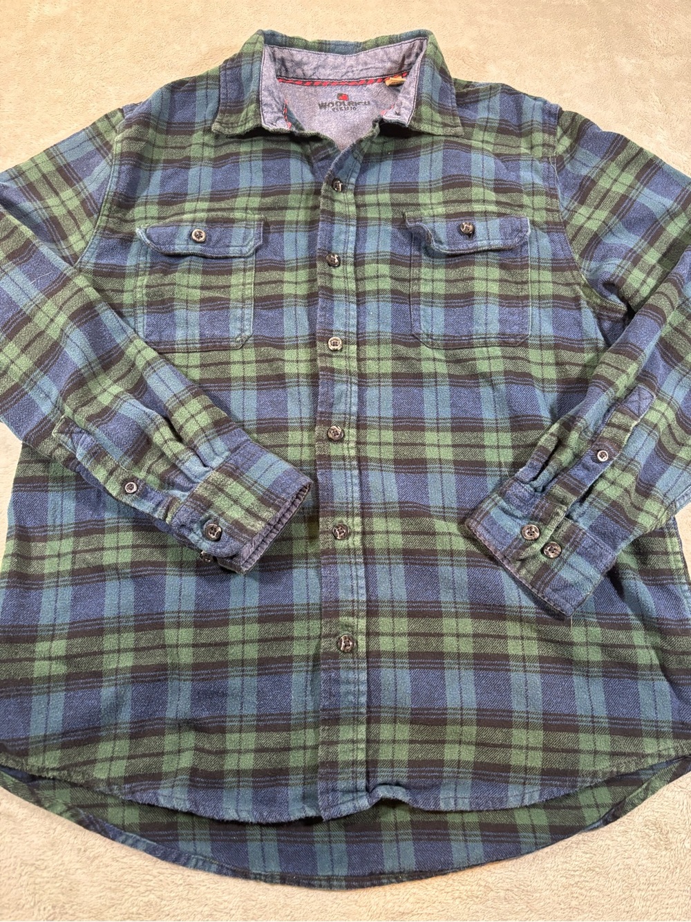 Woolrich Blue & Green Plaid Flannel Button Down Shirt - Size Large